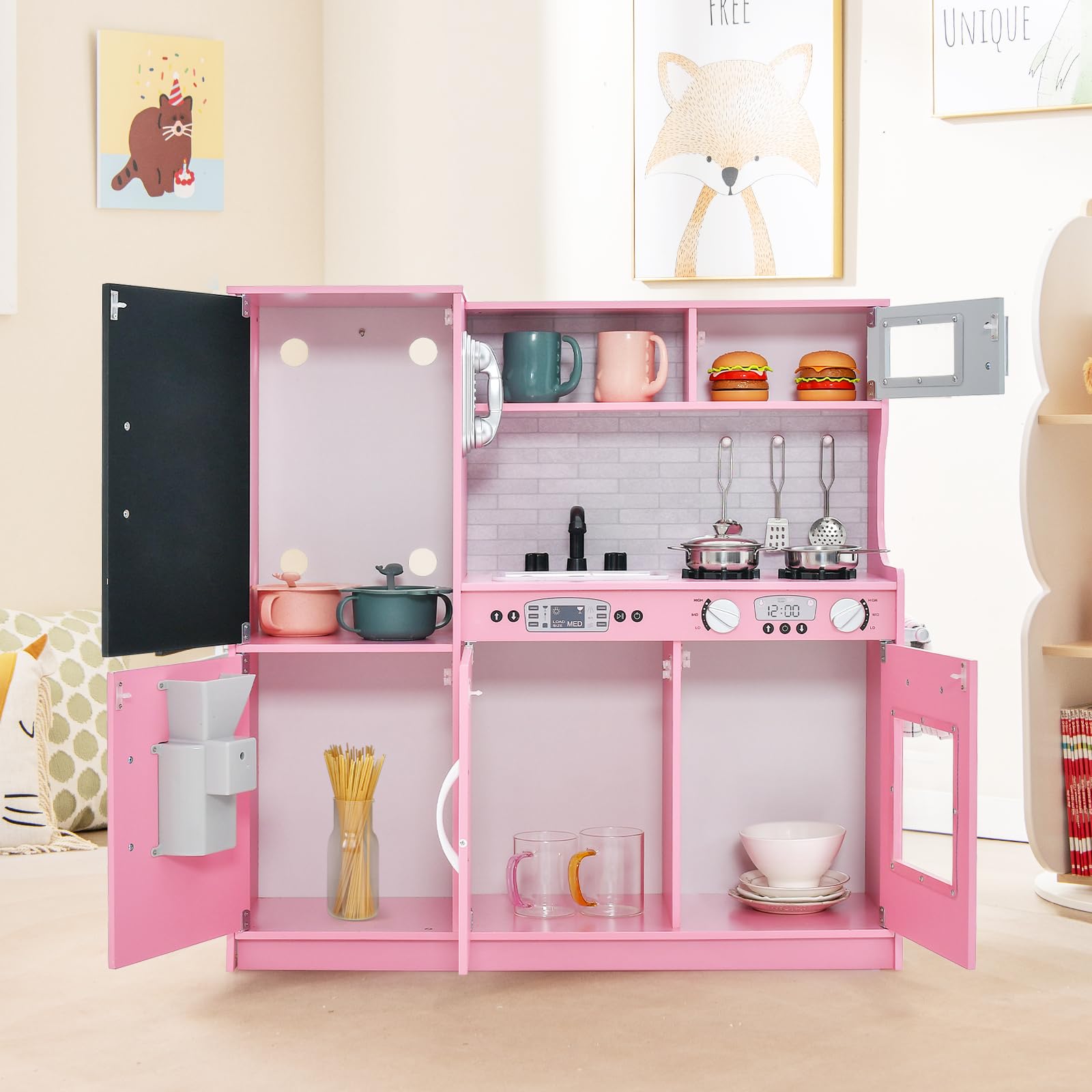 HOMASIS Spielküche mit 10 Zubehör, Kinderküche Holz, Spielzeugküche mit Tafel Spüle Herd Ofen Mikrowelle Eismaschine Telefon, Holzküche Kinderspielküche für Kinder ab 3 Jahre (Rosa)