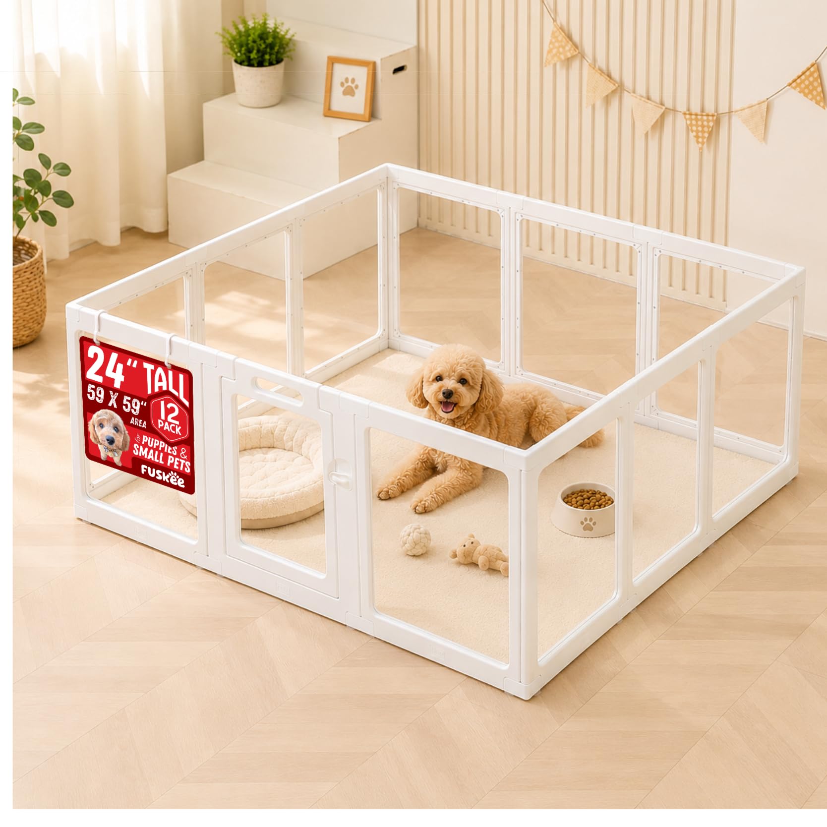 Clear Acrylic Dog Playpen – Escape-Proof Pet pen, Whelping, Rabbit Hutch, Hamster Cage & Dog Pen – Washable, Tool-Free Assembly, Secure Door – Indoor Puppy Enclosure - Fuskee (White, 150 x 150, 12PCS)