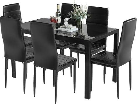 DKLGG 7-Piece Dining Table Set for 6, Tempered Glass Kitchen Table with PU Leather Chairs, Modern Dining Room Table Set for Small Space, Dinette, Apartment, Black
