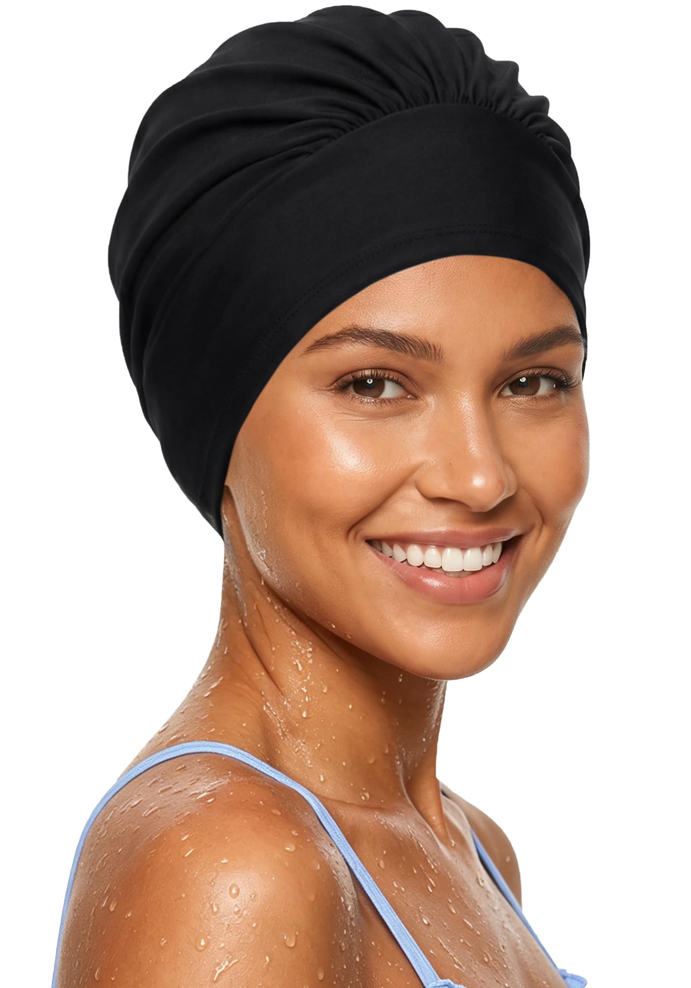 Satin Lined Swim Cap Waterproof Silicone Swim Turban for Women, Black, M