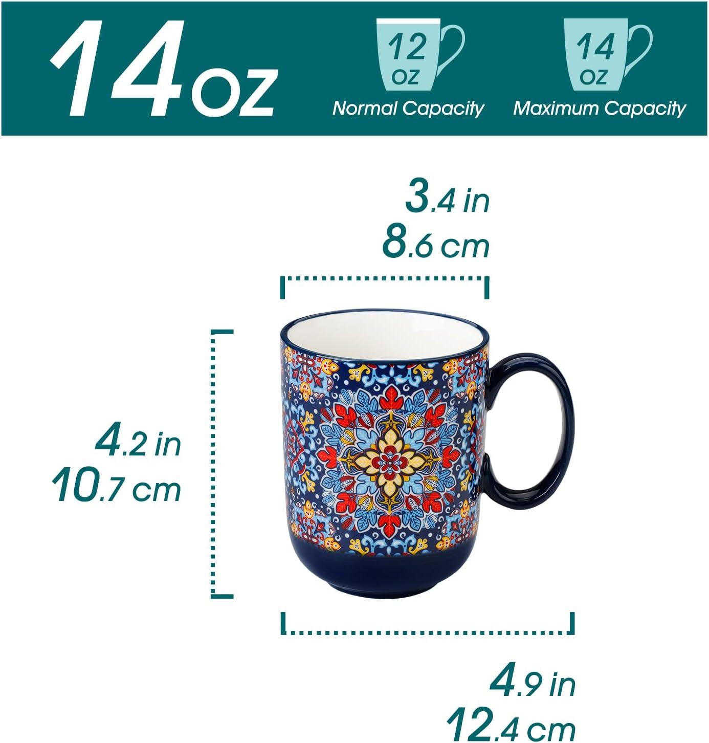 vancasso Boho Coffee Mugs Set of 6, 14 oz Ceramic Mugs with Handle, Colorful Porcelain Cups Microwave Dishwasher Safe, for Latte Tea Cappuccino Cocoa Hot Chocolate - Image 2