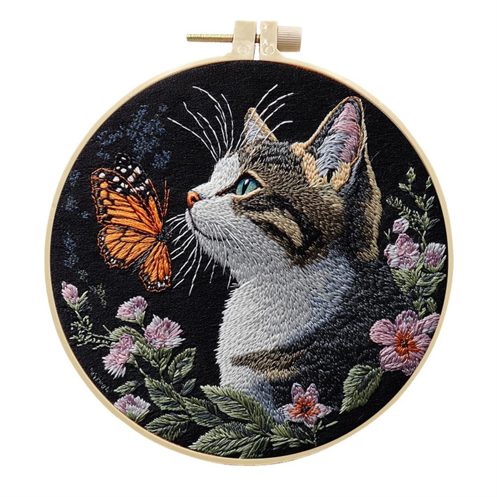 Meecaa Embroidery Kit Starter Set, Hand Embroidery Set, Colorful Cats Pattern Printed Cross Stitch Set for Beginner Adults, with Embroidery Hoop and Instructions (Colorful Cat)