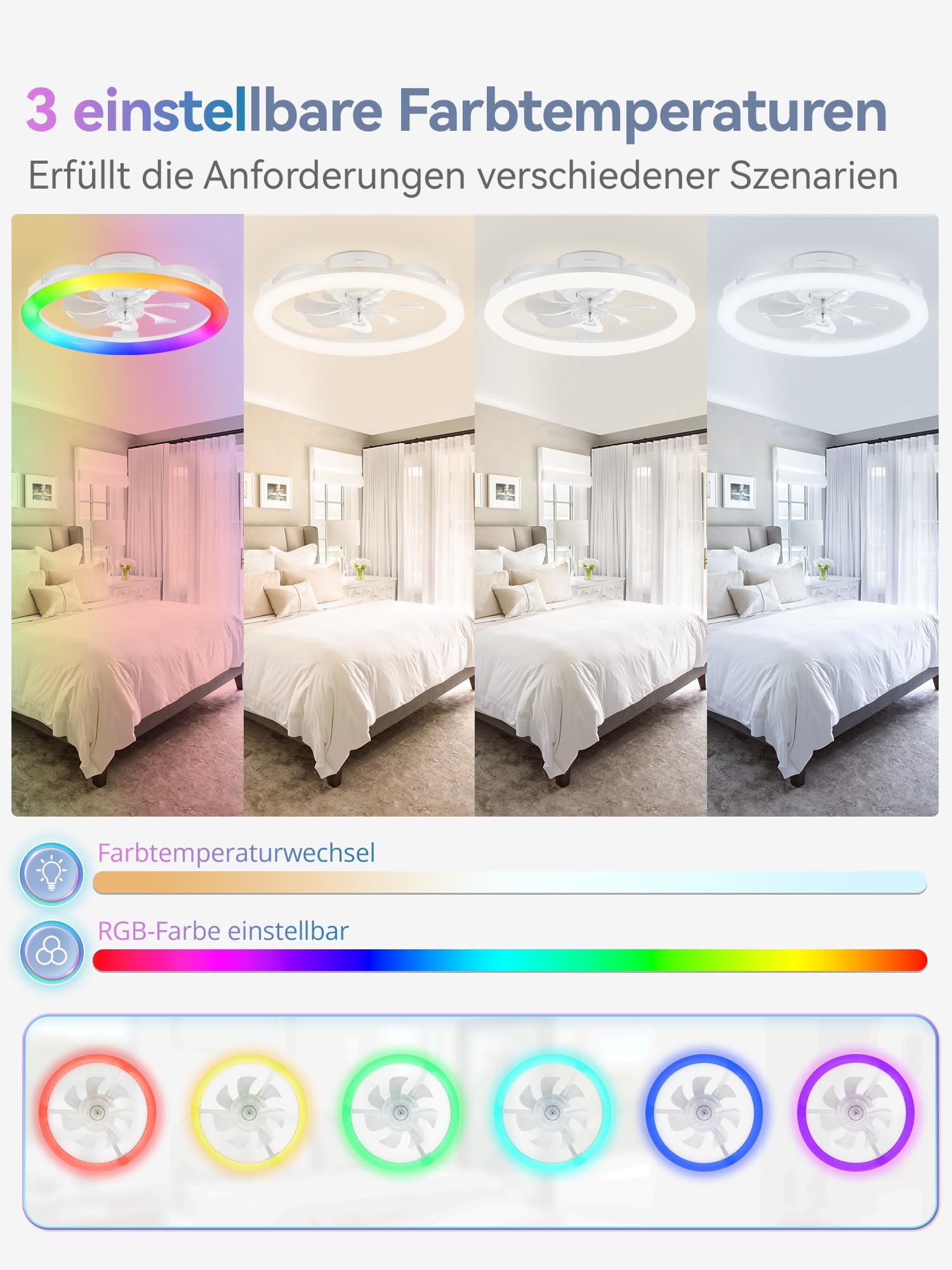 ZMISHIBO Deckenventilator mit Beleuchtung, RGB Deckenventilator mit Licht & Fernbedienung, Moderner dimmbarer Deckenventilator 51cm, 6 Geschwindigkeiten, App-Steuerung, leiser Einbau-Deckenventilator