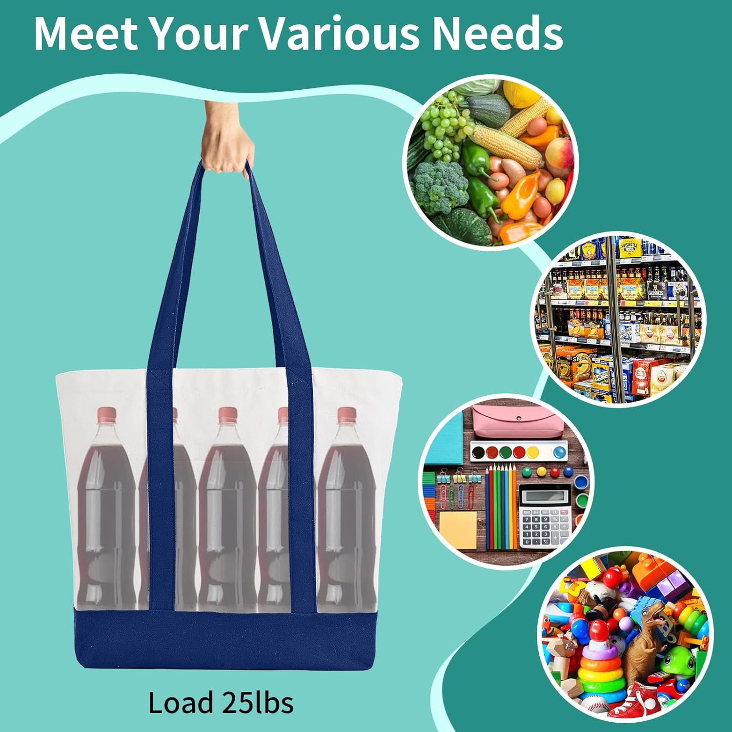 10Pcs Canvas Tote Bag Bulk with Outer Pocket, 12oz Cotton Blank Canvas Tote Bags 19 x 14.6Inch, 13 x 11Inch Reusable Grocery Bags Shopping Cloth Bags for Women, Navy Blue (5 Set Large & Medium) - Image 4