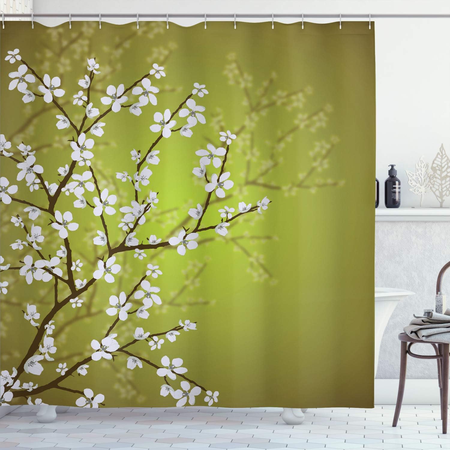 Ambesonne Japanese Shower Curtain, Spring Season Sakura Bloom Design Marine Toned Ombre Color Background, Cloth Fabric Bathroom Decor Set with Hooks, 75" Long, Pale Coffee
