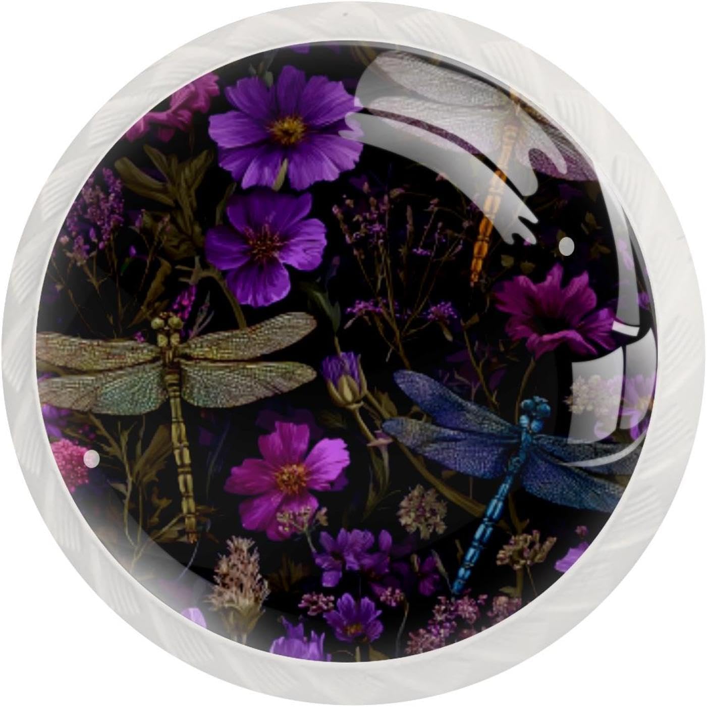 Black Round Purple Dragonfly Wildflowers Floral Herb (2) Cabinet Knobs, Decorative Printed Drawer Knobs with Long & Short Screws for Home Improvement
