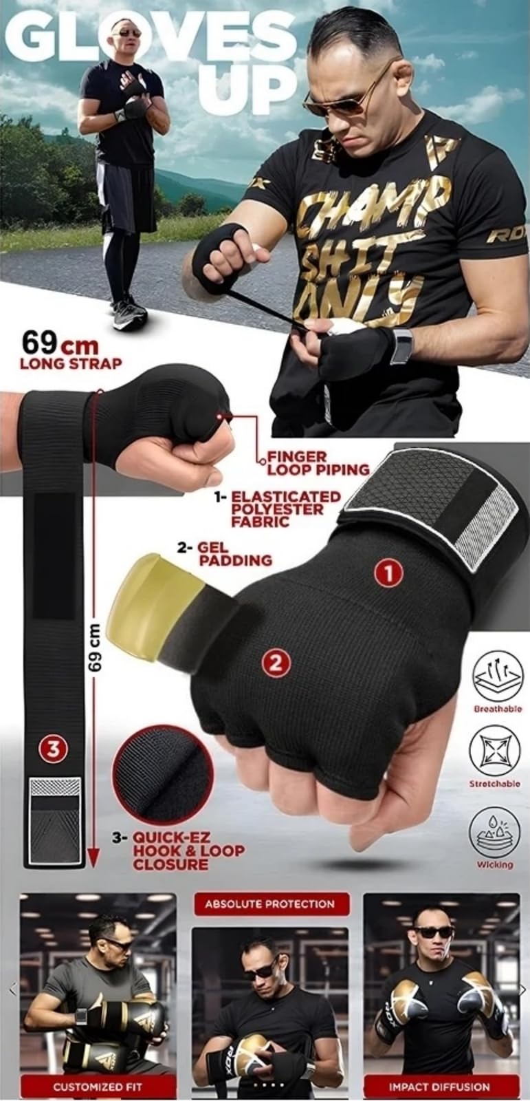 Fasce interne in gel da boxe per uomo e donna, con fascia da polso lunga, guanti imbottiti elasticizzati, per Muay Thai, MMA, kickboxing, arti marziali, taekwondo, sacco da boxe