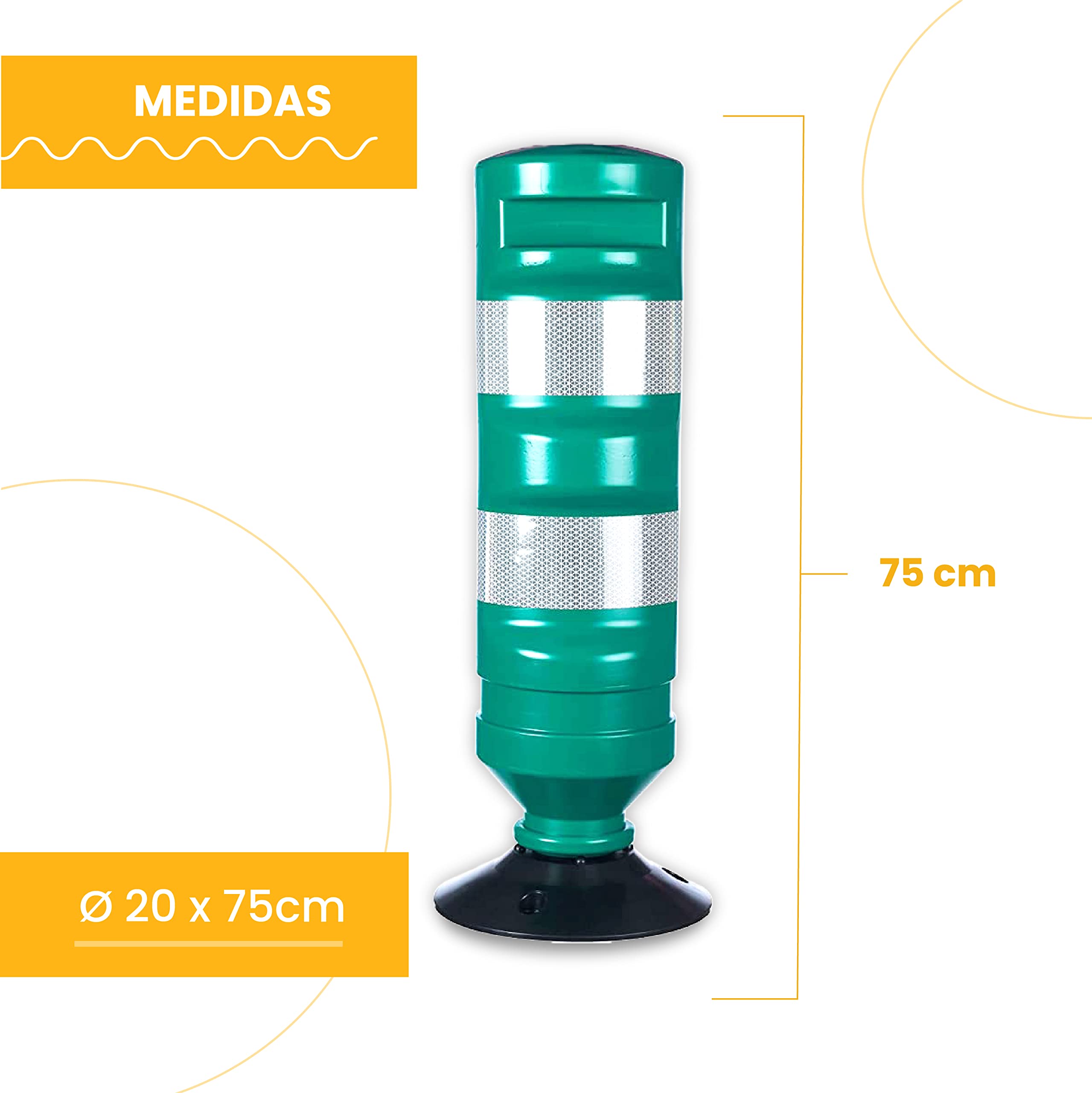 PARKING FACIL | Hito Cilíndrico H-75 con Base en Color Verde con Bandas Reflectantes | Elemento de Seguridad Vial para Carreteras, Parking, Garajes | Tornillería Incluida | Tamaño: 75 cm |