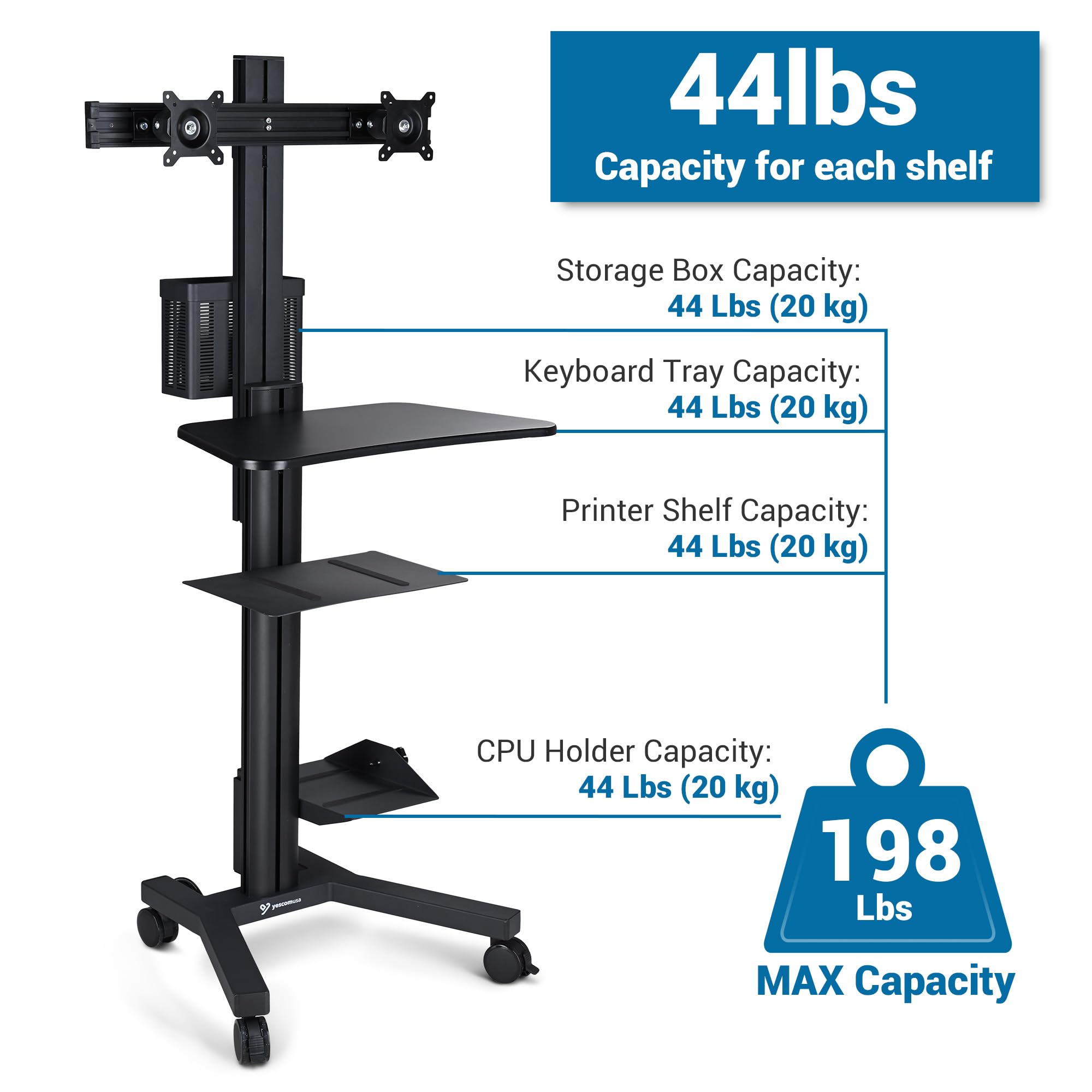 AW 4-Wheel Rolling Desktop PC Mobile Cart for 2 Dual Monitor Printer Deck Computer Desk Workstation Black