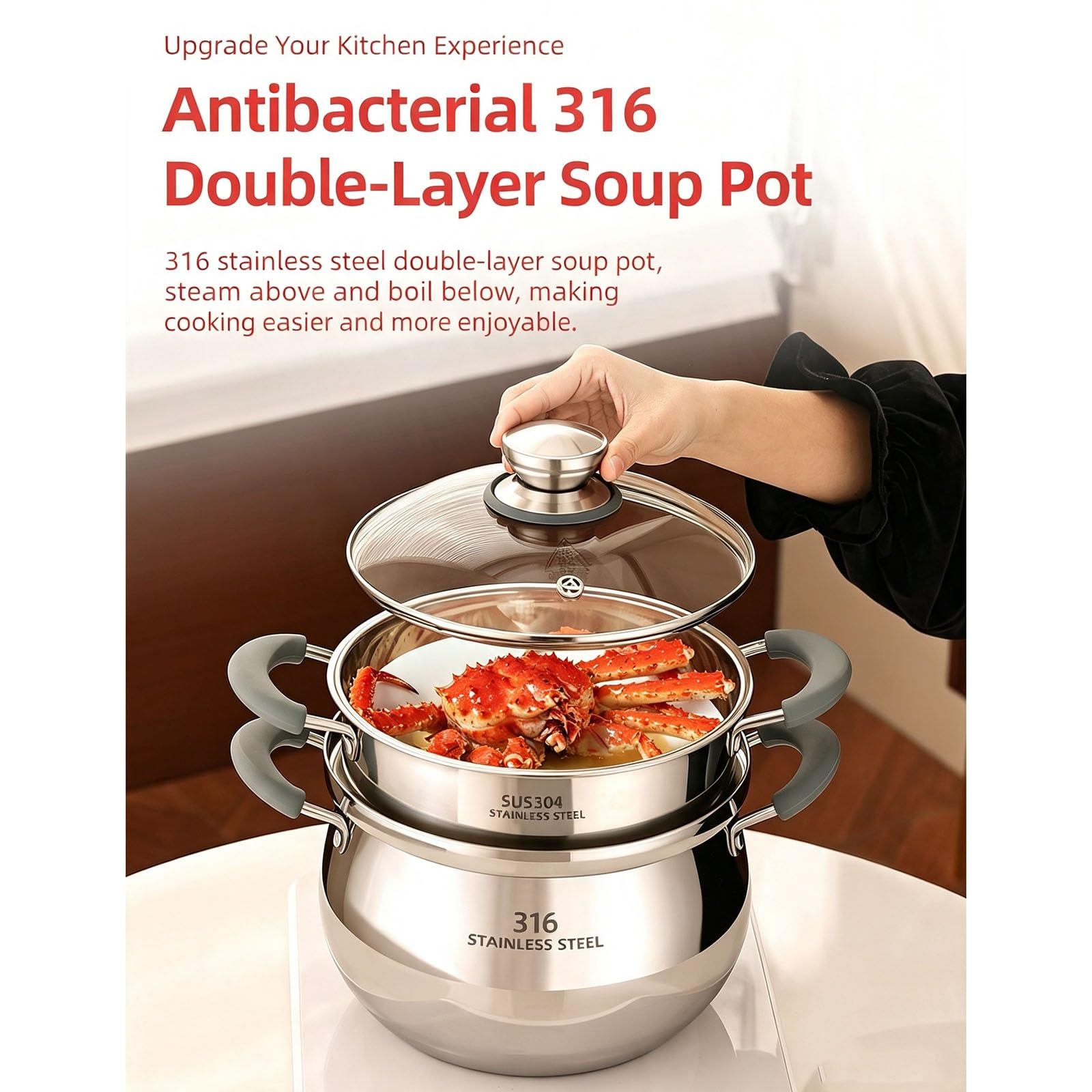 316 Stainless Steel Double Layer Stock Pot with Steamer Tray