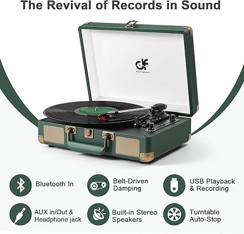 Miniatura 8 de Tocadiscos Bluetooth Vintage de 3 velocidades con altavoces estéreo integrados, grabación USB y parada automática portátil LP con RCA Ouput AUX,