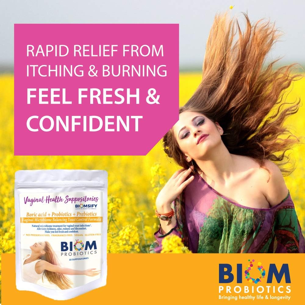 Biom Probiotics Prebiotics Boric acid Suppositories . Feminine Health Probiotic for Infections & pH Essentials VEGAN,PARABEN-FREE (10)