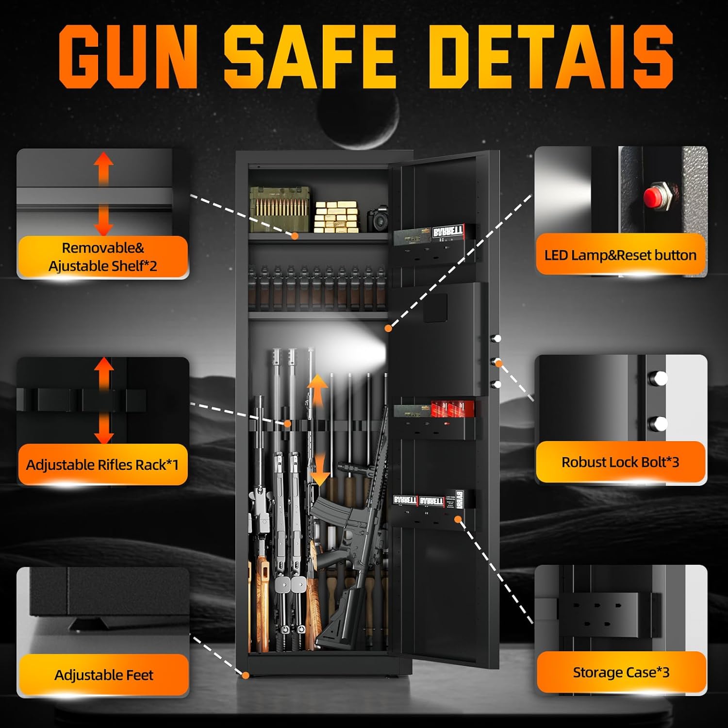 6-10 Gun Safe for Rifle and Pistols,Dual Alarm & Mute Mode Gun Cabinet with Removable Gun Racks,Fingerprint Gun Safes for Shotguns with Multi-Function Panel and Pistol Bags.