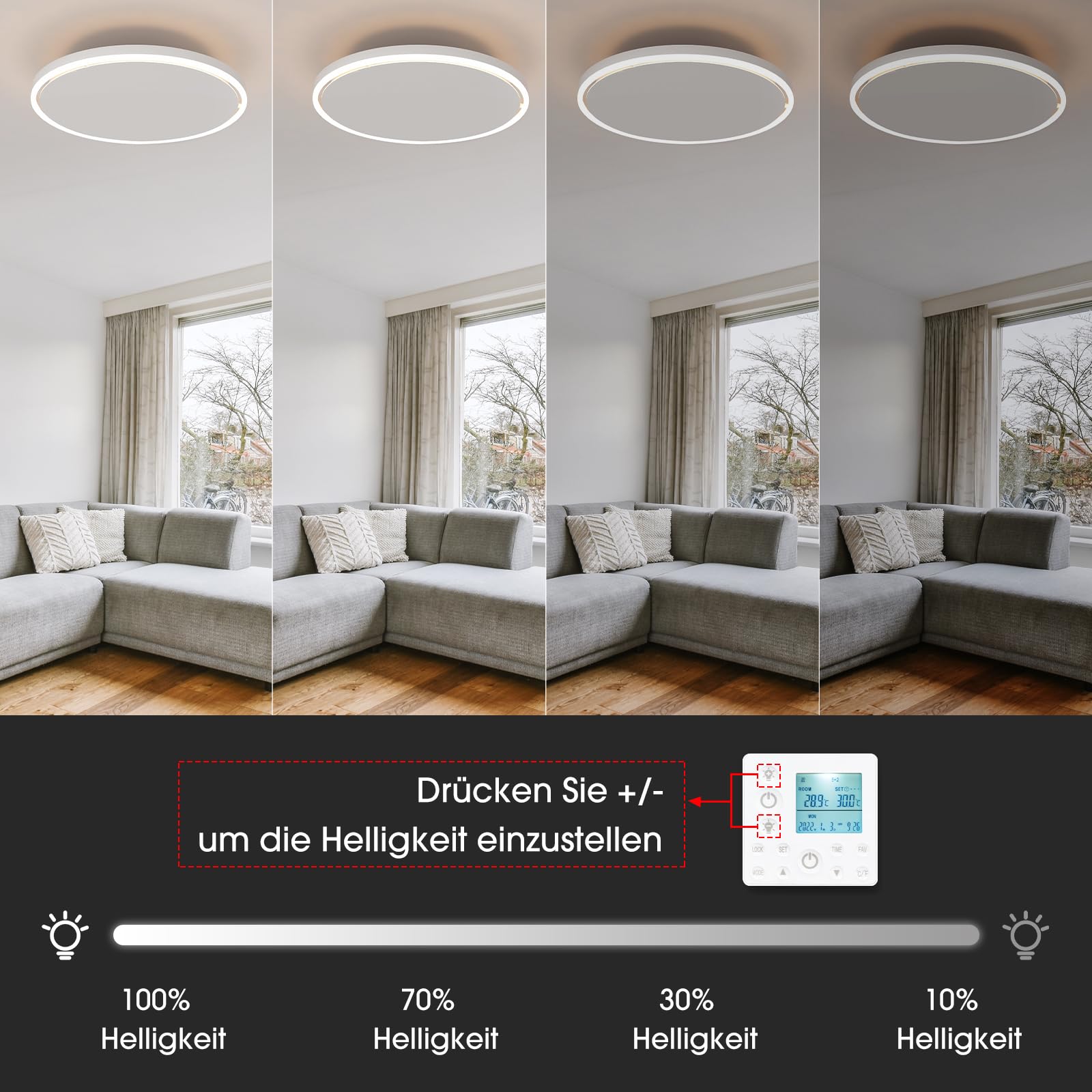 Calefactor infrarrojo de techo de 1440W Redondo, calefactor infrarrojo de con luz LED, calefactor radiante de con termostato y mando a distancia, calefactor eléctrico, panel calefactor, radiador