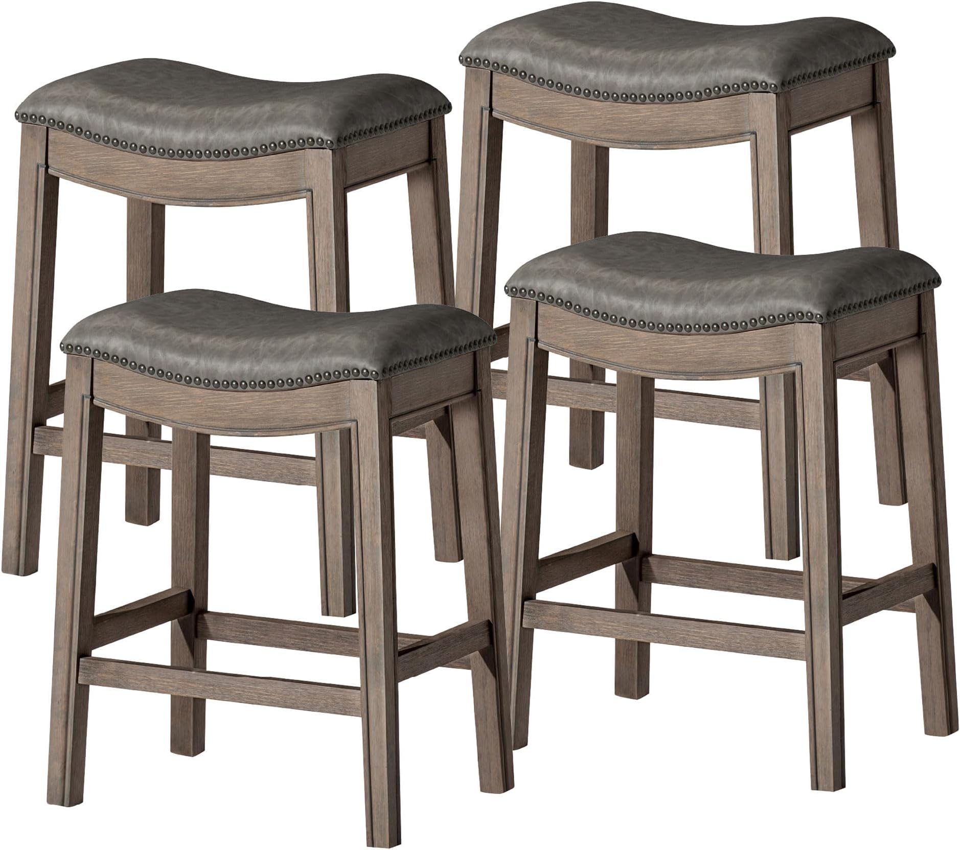 Maven Lane Adrien 26" Wood Counter Height Stool - Handcrafted Reclaimed Oak Finish with Ronan Stone Vegan Leather Upholstered Saddle Seat for Comfort - Barstool for Kitchens, Dining Rooms, Set of 4