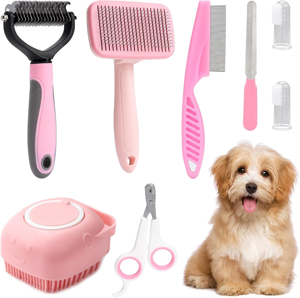 VCZONE 8 Pcs Dog Grooming Kit with Self Cleaning Tools: Nail Clipper, Flea Comb, Shampoo Brush, Shedding Brush, Dematting Comb, Silicone Toothbrush (Pink)