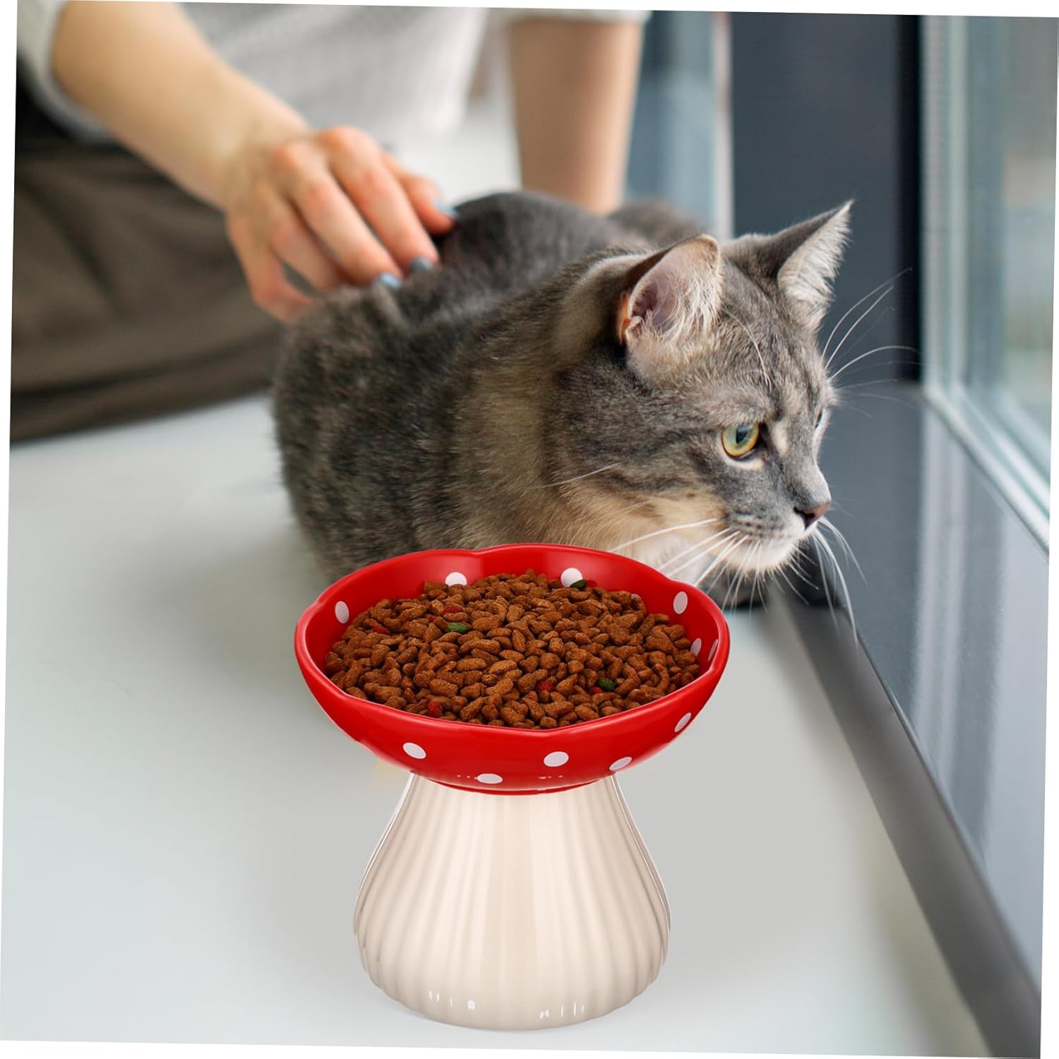 Elevated Cat Bowl Whisker-Friendly Ceramic Feeder Charming Mushroom Design for Comfortable Dining for Indoor Cats and Kittens
