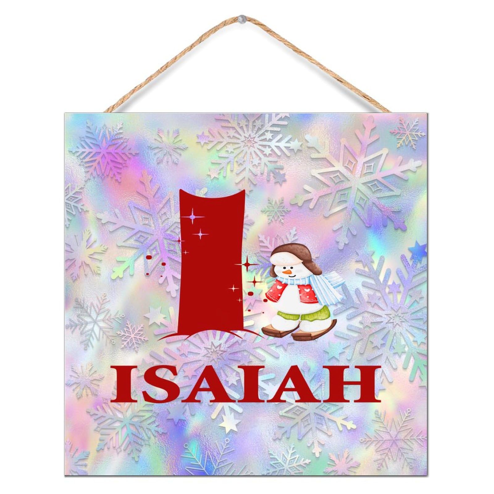 Panneau en bois monogramme personnalisé bonhomme de neige rouge 30cm