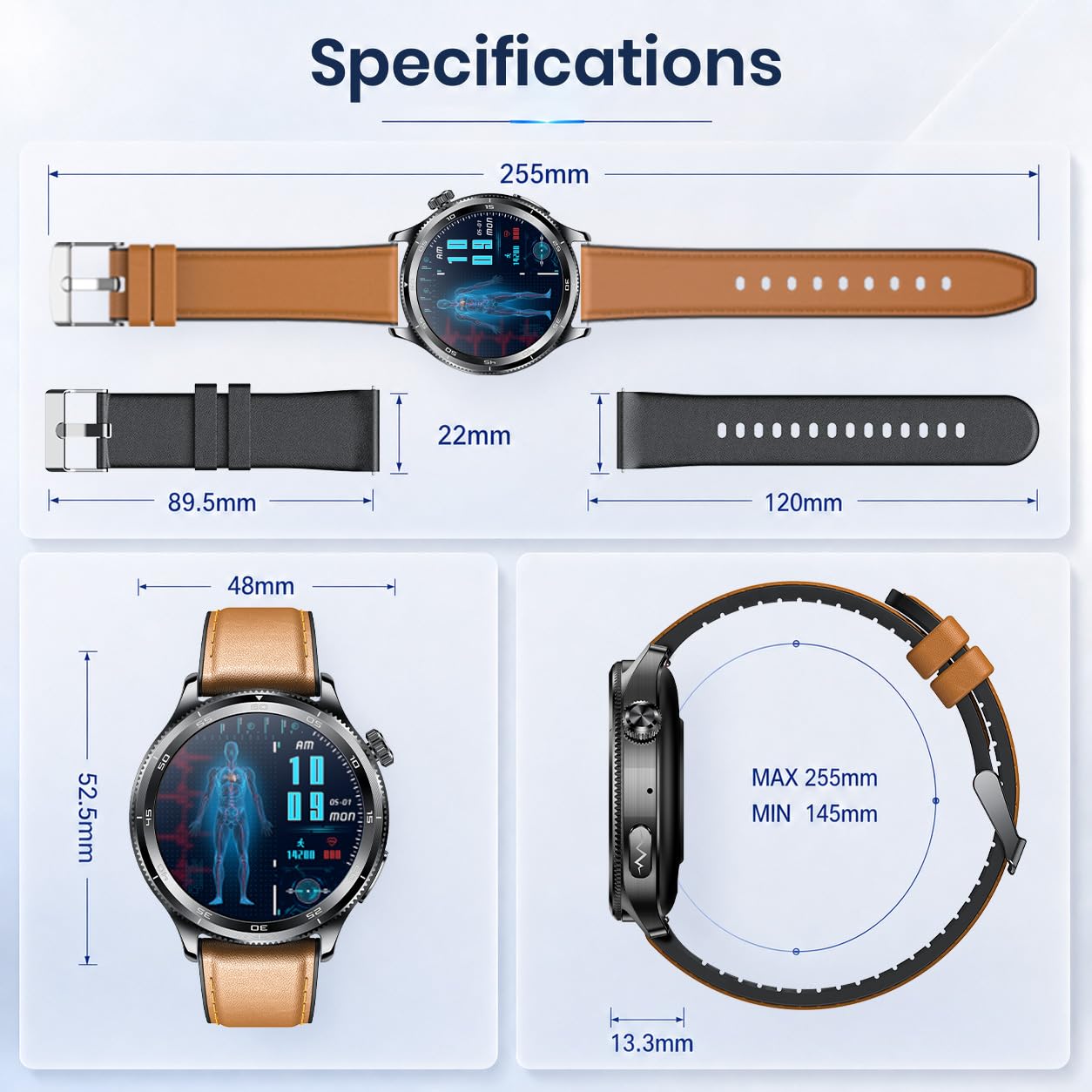 Orologio Smartwatch Uomo con Cardiofrequenzimetro Salute: 1.43“ Intelligenti Orologi con Bluetooth ECG HRV SpO2 Sonno Pressione Sanguigna 100+ Modalità Sportive Fitness Watch Compatibile Android e iOS