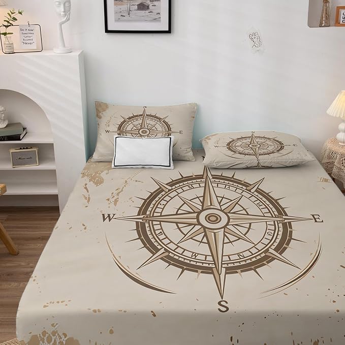 SUWALI Nautical Compass Sheets for King Size Bed, Vintage