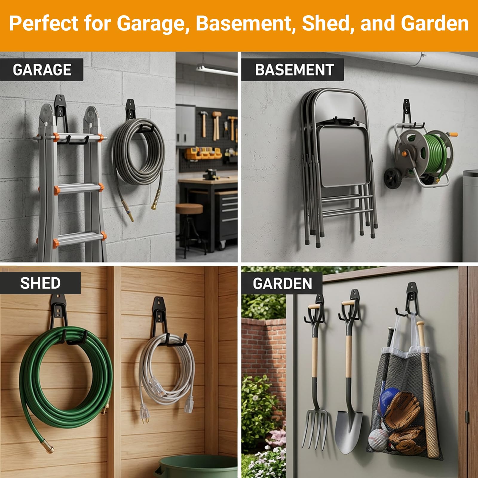 Lot de 6 crochets muraux carrés moyens pour accrocher des échelles, des vélos, des outils, parfaits pour garage, jardin, sous-sol, buanderie (noir)