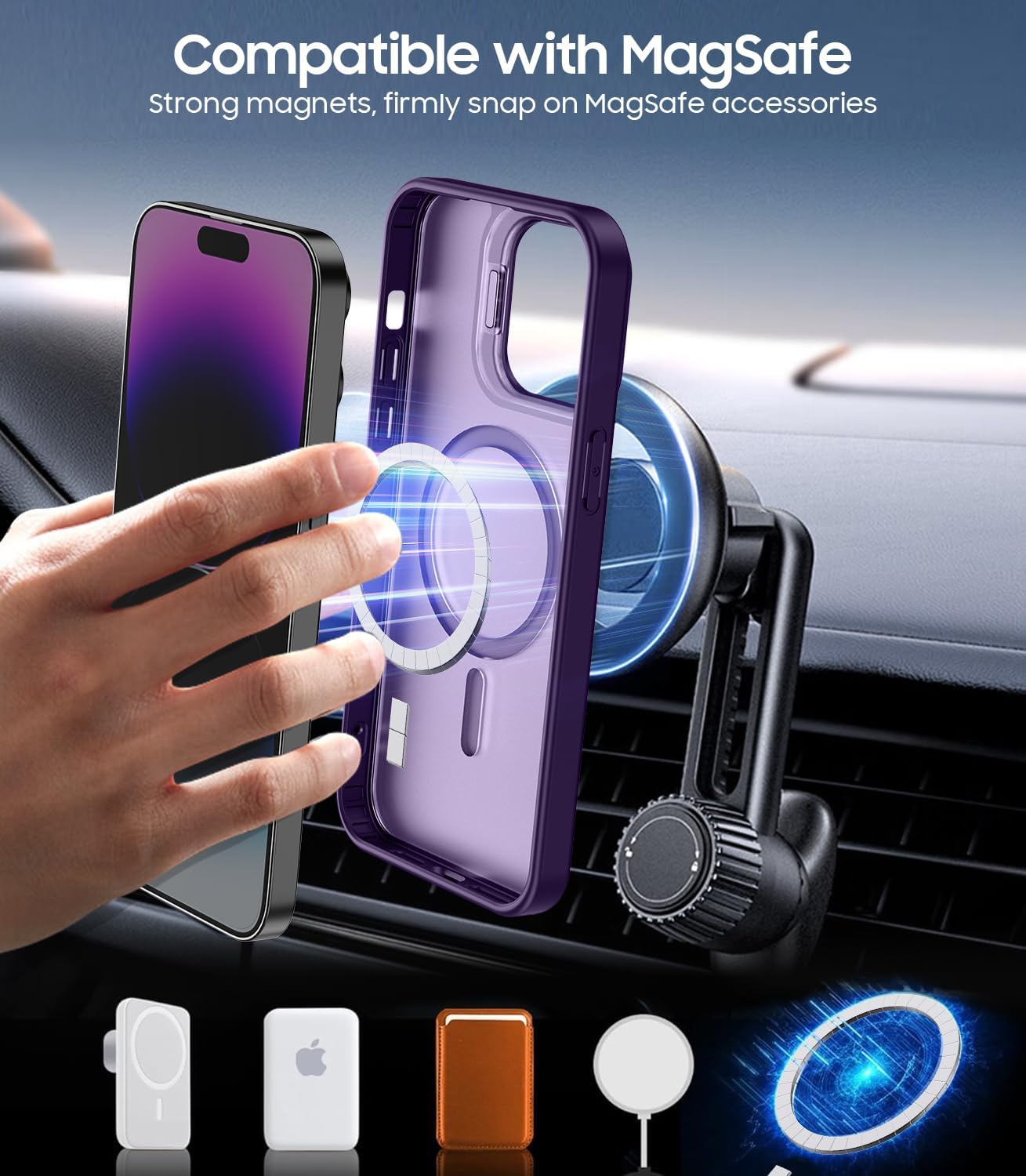 for iPhone 14 Pro Max Case, Compatible with MagSafe, Built-in Camera Ring Stand, with Individual Camera Cover, Translucent Matte Military-Grade Drop Protection Magnetic Case, Purple - Image 2