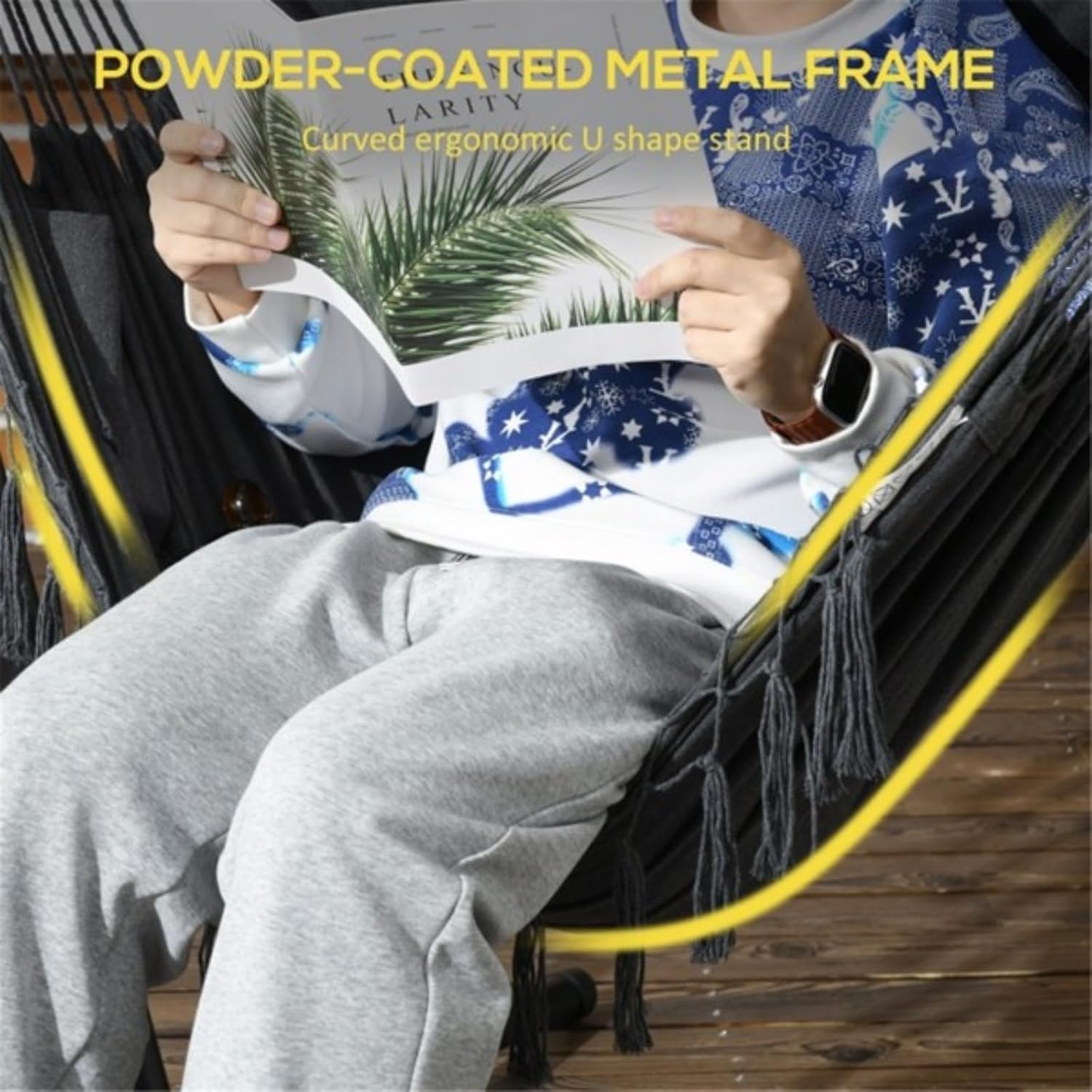 Outdoor Swing Chair, Hammock Chair, U-Shaped Design, with Side Pockets, Rubber Feet on Legs, 330 Lbs, Suitable for Patios, Black