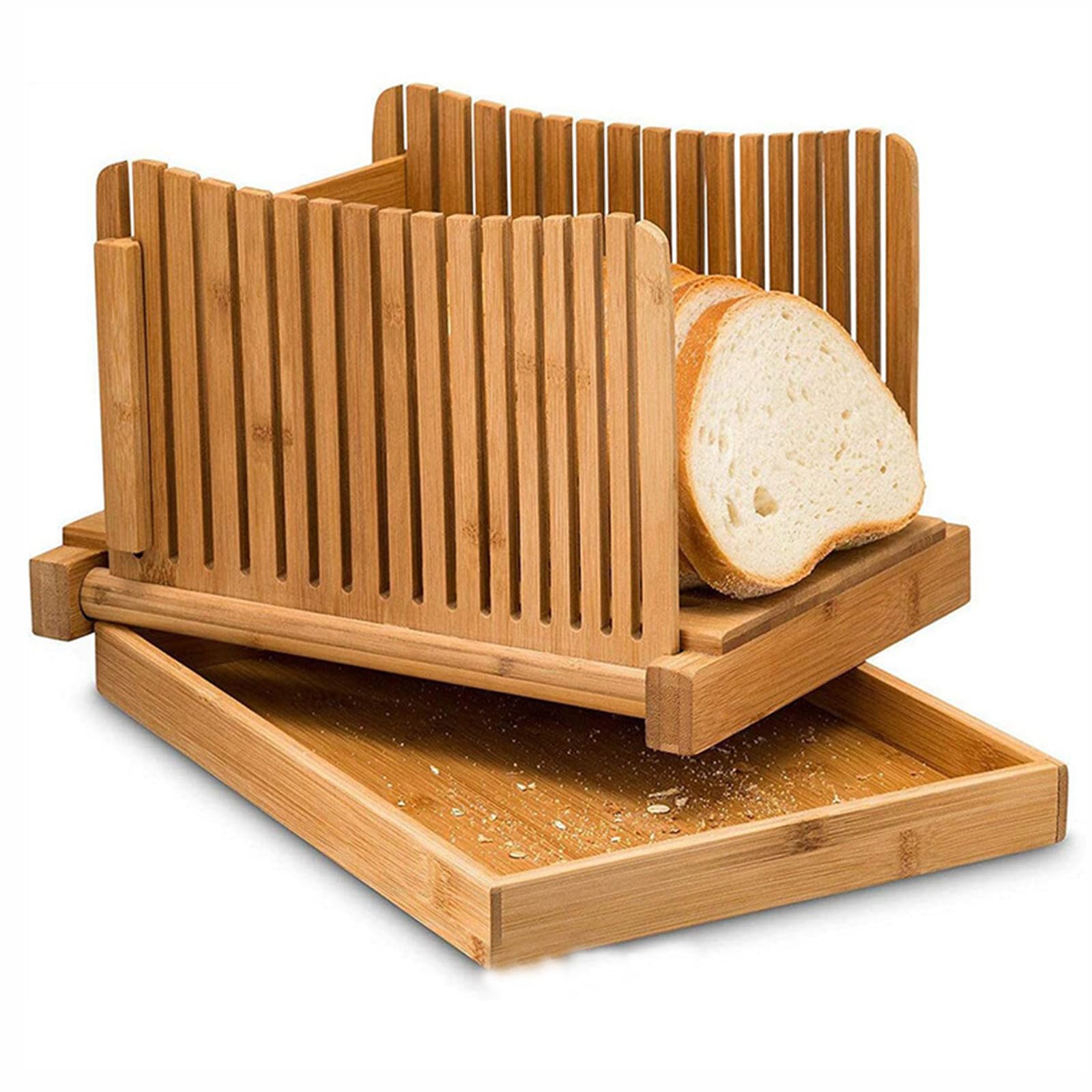 Vastsea Trancheuse à Pain Pliable en Bois de Bambou, Trancheuse à Pain, Trancheuse Réglable Pain, avec Plateau Récupérateur de Miettes, pour Tranches D'épaisseur Rapidement et en Toute Sécurité