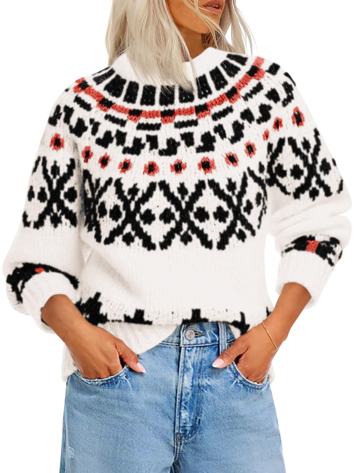 Saodimallsu Womens Fair Isle Sweater Vintage Crew Neck Long Sleeve Chunky Knit Fall Winter Pullover Sweaters Tops