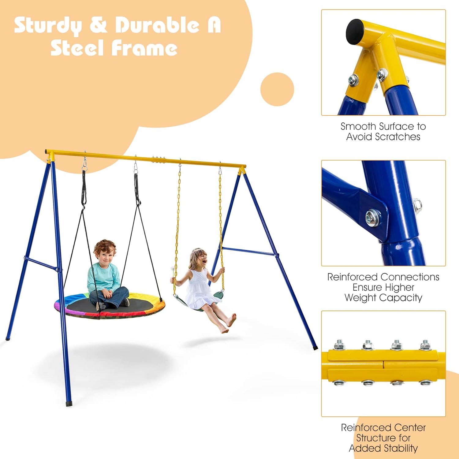 LDAILY A-Frame Swing Stand with 2-Pack Swing Sets, 660lbs A-Frame Swing Sets for Backyard w/Ground Stakes and Adjustable Ropes, Great for Indoor Outdoor Kids