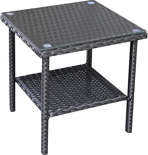 Miniatura 7 de Valita Mesa auxiliar de mimbre PE al aire libre con tapa de vidrio para jardín, junto a la piscina, muebles de ratán para patio, mesa auxiliar,