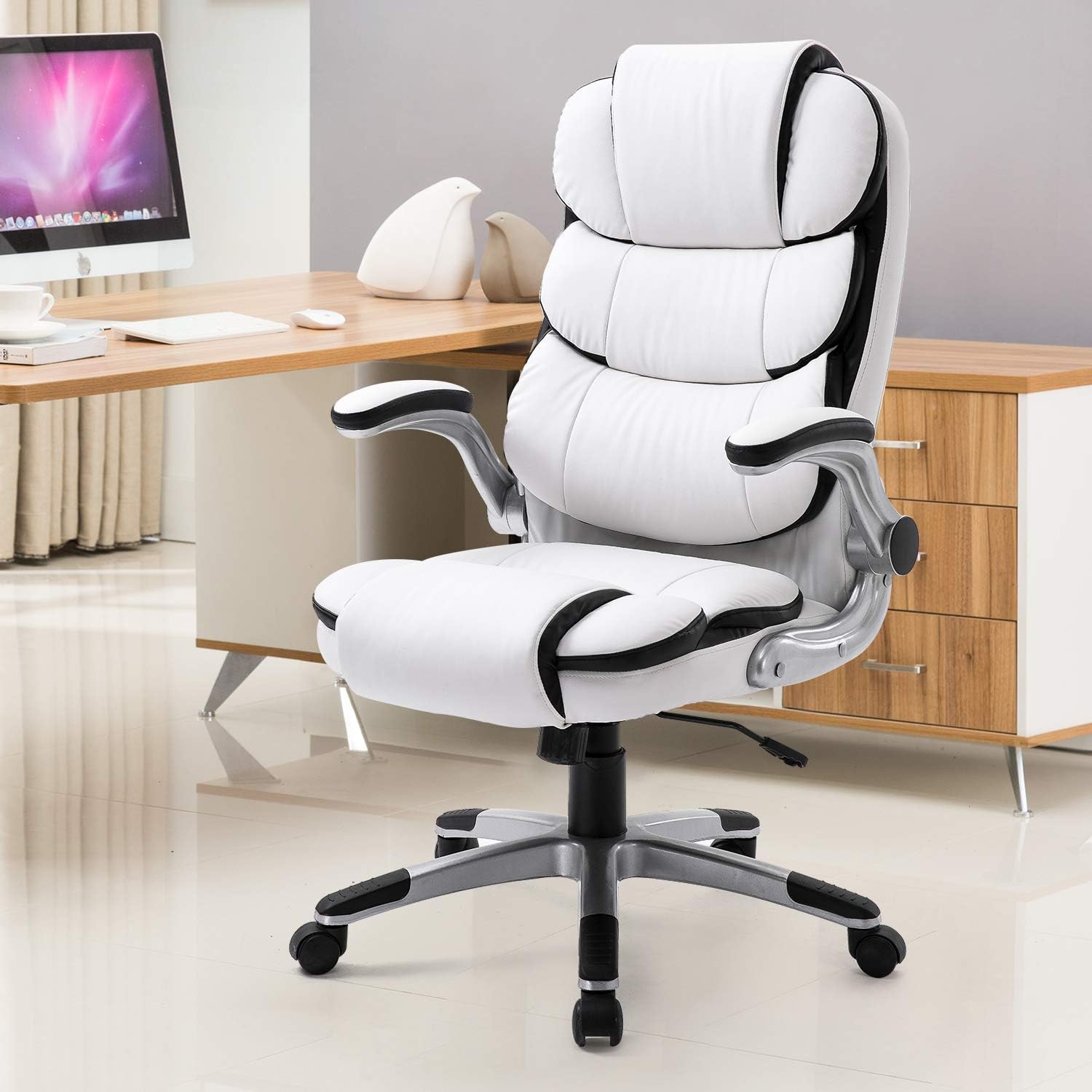 High-Back Executive Office Chair Leather, Adjustable Ergonomic Swivel Computer Desk Chair with Flip-up Armrest,Back Support for Working, Studying (White)