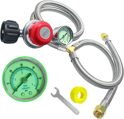 Regulador de propano ajustable de 0-30 PSI, manguera trenzada de acero inoxidable con manómetro, 2 mangueras de divisor en Y QCC1 a 38 pulgadas,