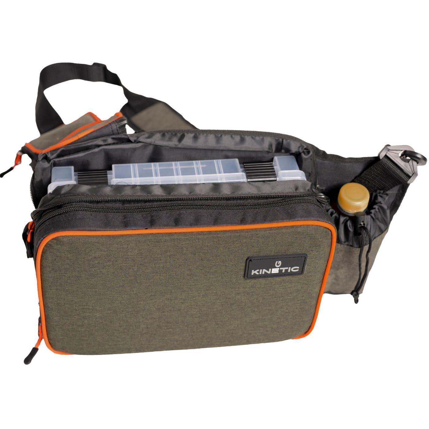 Kinetic Lure Sling - Borsa da pesca, 30 x 20 x 15 cm, con scatola di plastica, portabottiglie e schienale imbottito, borsa per esche artificiali