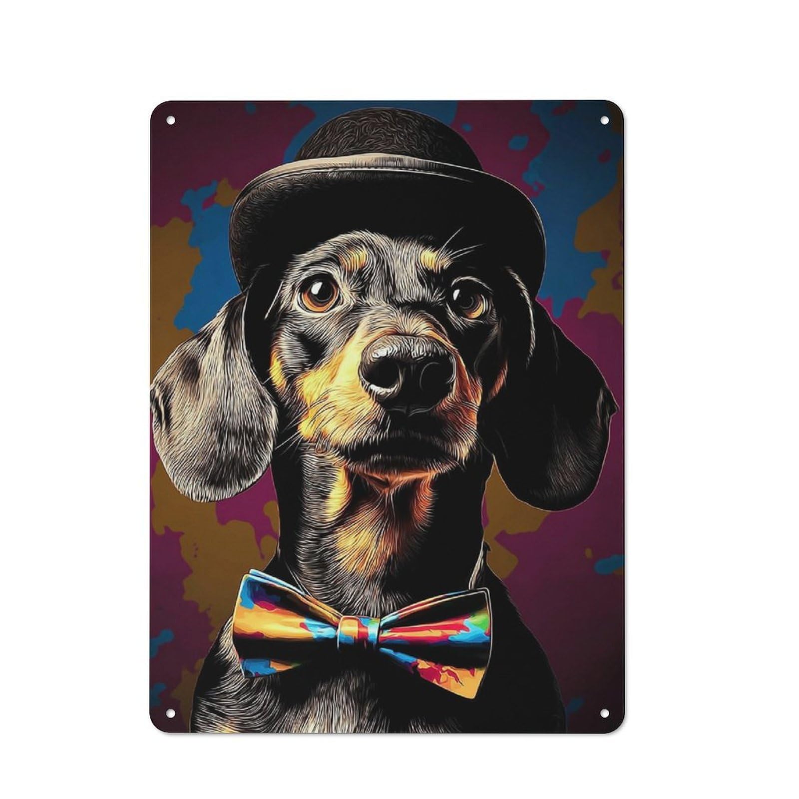 Junmoney Stylish Dachshund In Top Hat And Bow Tie -2 Tin Wall Plaque 40X30cm With For Hallway Wall, With Clear Retro Wall Decor Character