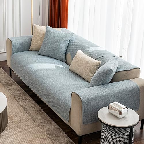 Miniatura 8 de vctops Funda de sofá con textura de lino rústico, color liso, antideslizante, funda de sofá suave para perros, niños y mascotas, protector de