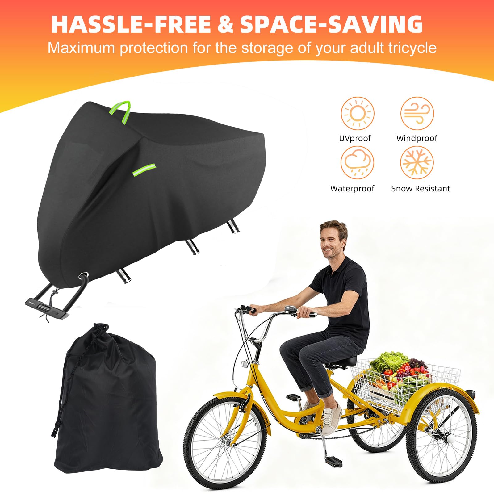 Housse de protection pour tricycle adulte 420D étanche pour tricycle adulte 191 x 77 x 112 cm - Housse universelle durable avec trou de serrure, boucle, bandes réfléchissantes