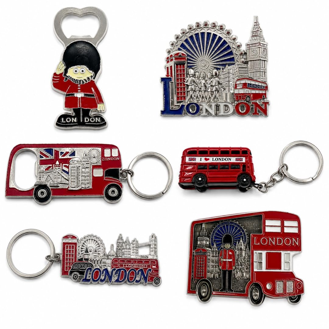 Mighty Majesty London Keychains & Magnets Souvenir Set – 6 Piece Silver British Gift Pack – Royal Guard Bottle Opener, London Eye, Big Ben, I Love London Bus