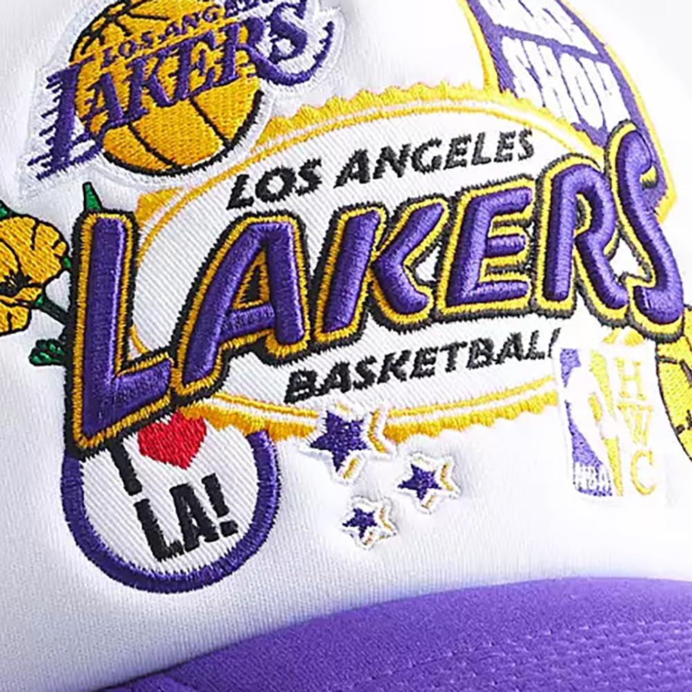 Mitchell & Ness LA Los Angeles Lakers Gorra de camionero frontal de espuma, sombrero ajustable, morado y blanco, Púrpura, blanco, talla única