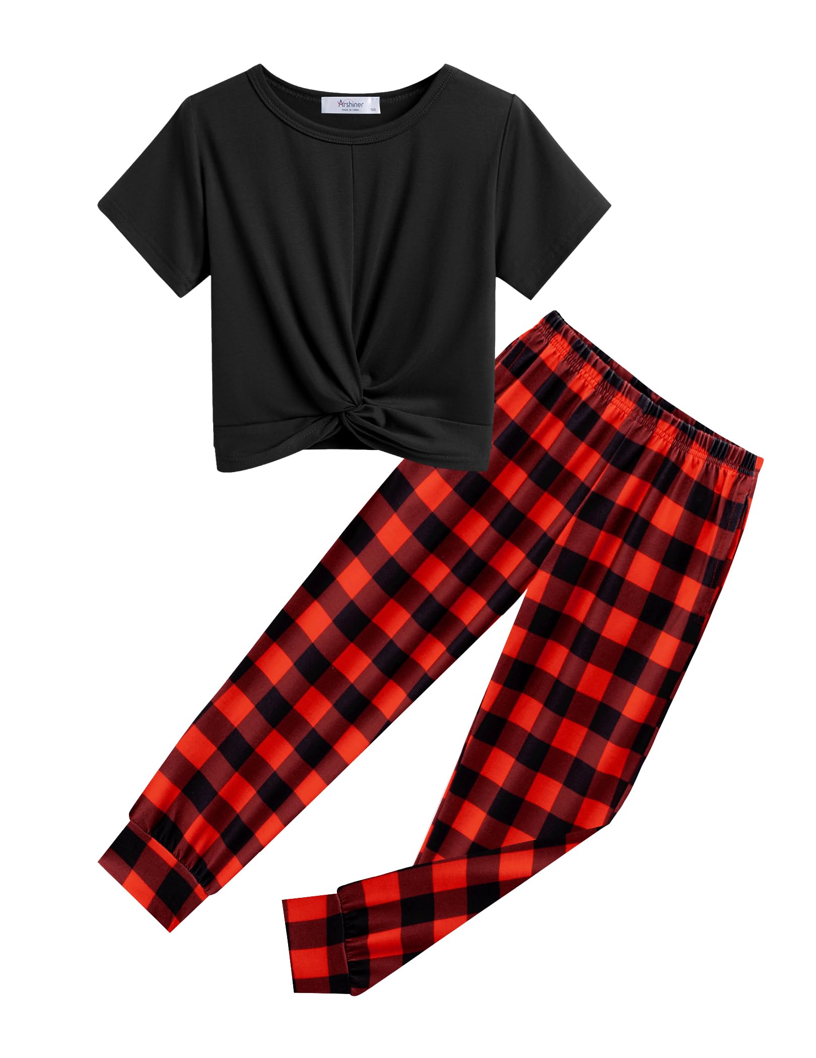 Arshiner Girls 2 Piece Outfits Twist Front Tops and Sweatpants Clothing Set | Short Sleeve Crewneck Elastic Waist Pants with Pockets Casual Spring Summer Fall Winter Clothes
