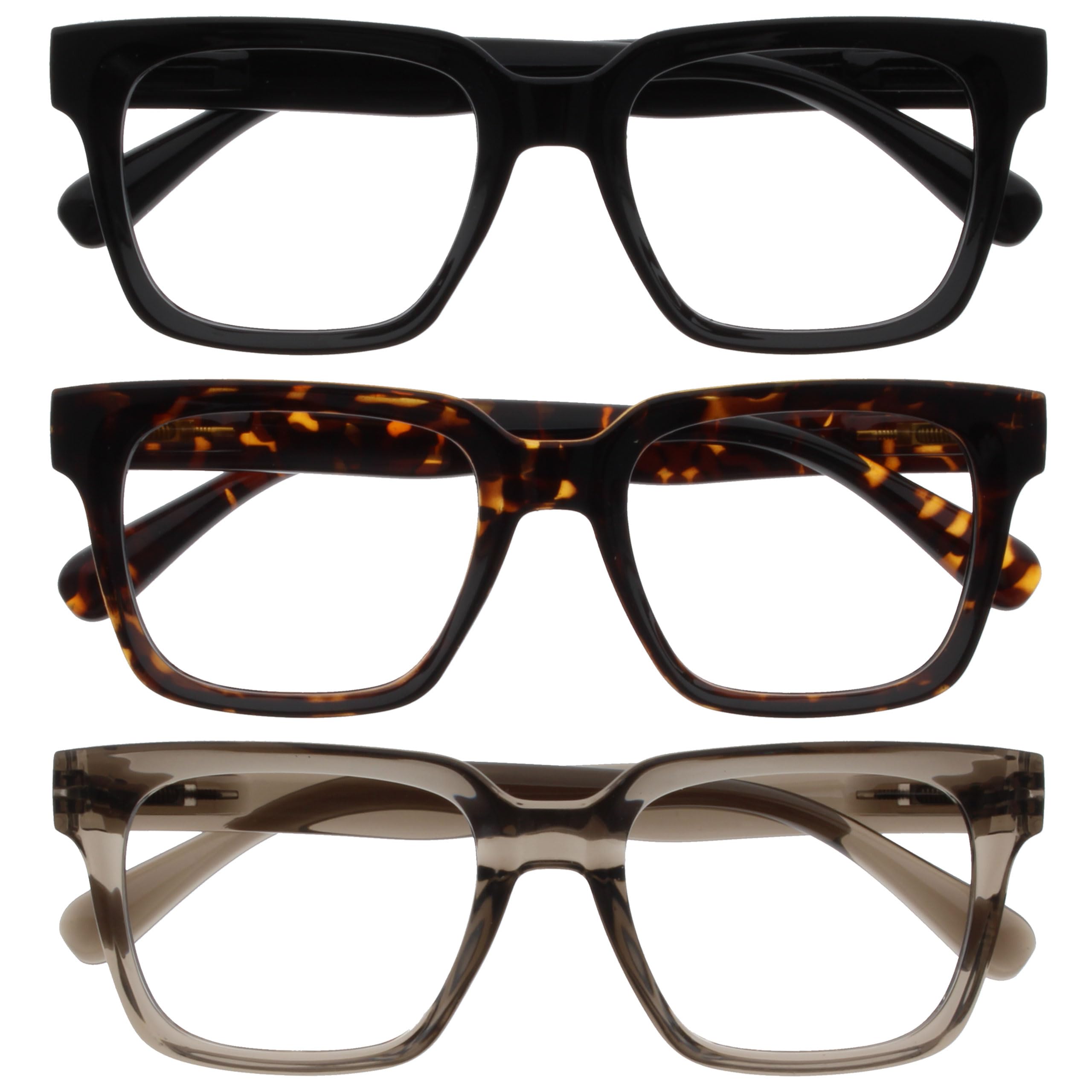 OPULIZE ERA Blue Light Blocking Reading Glasses for Women Men, Oversized Frame with UV400 Protection and Anti-Reflective, Anti-Glare Computer Glasses, Black Brown Grey +3.50 (Pack of 3)