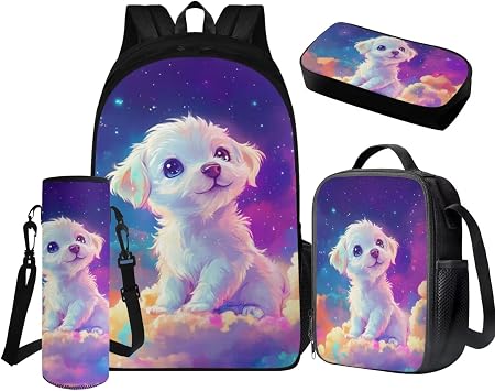 Galaxy Backpack for Kids Large Capcity Dog Bookbag with Lunch Box and Pencil Case Teen Girls Primary Middle School Bag Shoulder Satchel Daypack Rucksack for Travel School Outdoors
