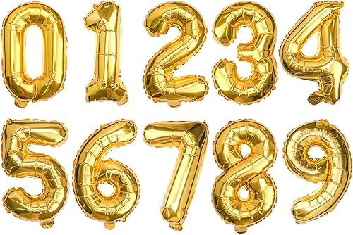 Miniatura 1 de 10 unidades Globos dorados de 16 pulgadas con números de 0 a 9, número colgante de aluminio Mylar brillante para decoración de fiesta de cumpleaños,