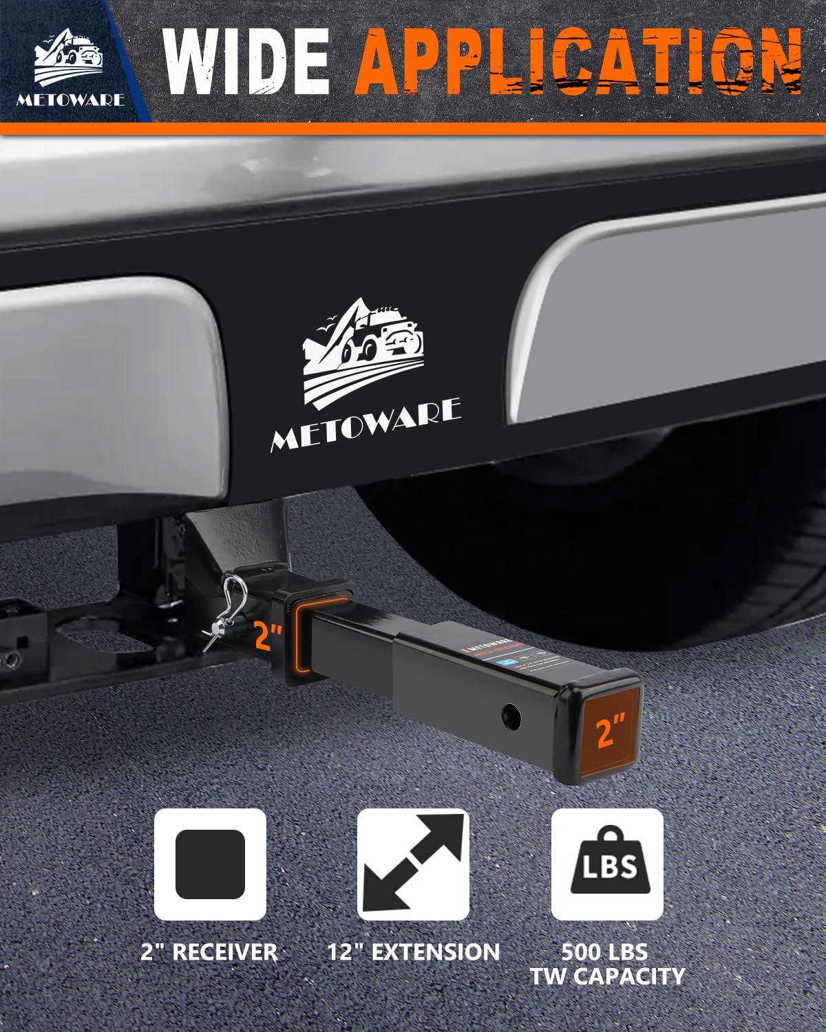 METOWARE 12 Inch Extension Hitch Receiver, Fits 2 Inch Square Receiver