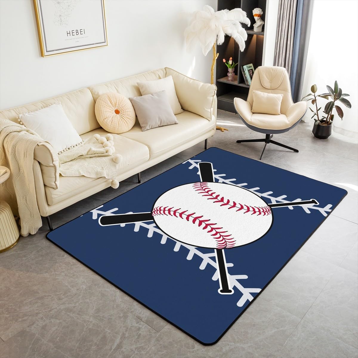 Feelyou Softball Area Rug 5x7 Kids Baseball Decorative Rug for Boys Girls Teens Baseball Gaming Living Room Rugs Sports Theme Navy Blue Indoor Floor Mat