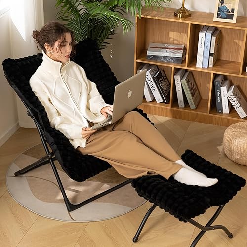 Miniatura 2 de HollyHOME Silla platillo extragrande con otomana plegable, cómoda silla plegable de gran tamaño y reposapiés plegable, silla de lectura de piel