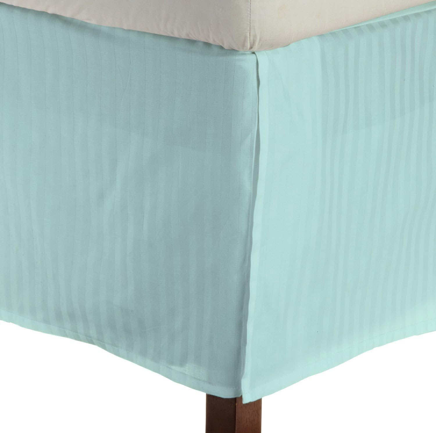 Real 210 Thread Count Split Corner Bed Skirt/Dust Ruffle Twin/Single Size Striped Aqua Blue 14" inches Drop Egyptian Cotton Quality Wrinkle & Fade Resistant