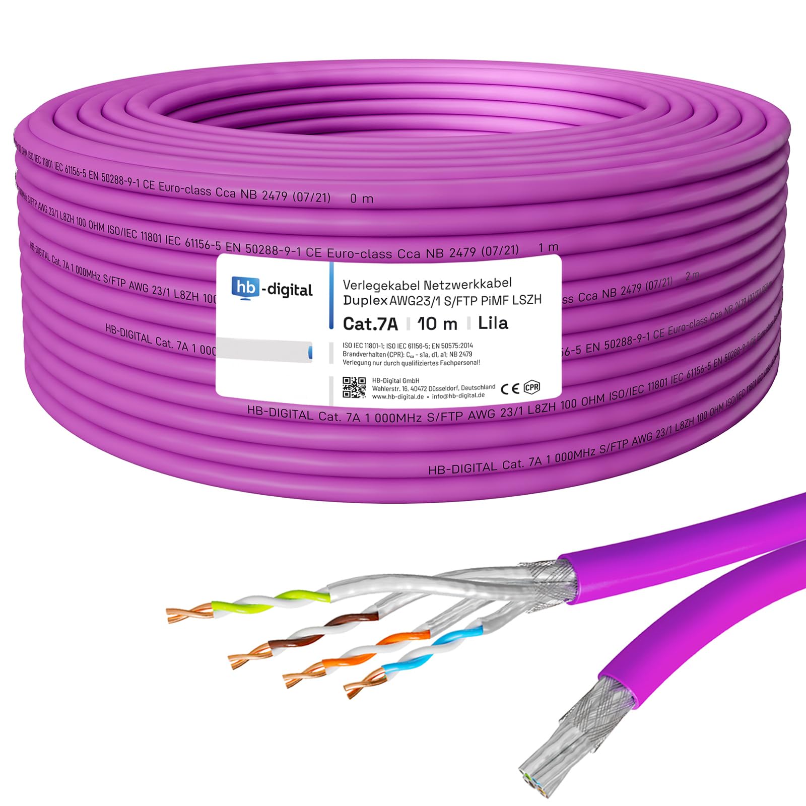 HB-DIGITAL Cavo di rete LAN duplex da 10 m Cabel cat.7a max. 1200 MHz puro rame S/FTP PIMF LSZH senza alogeni RoHS-Compliant AWG23 (2 fili collegati), viola