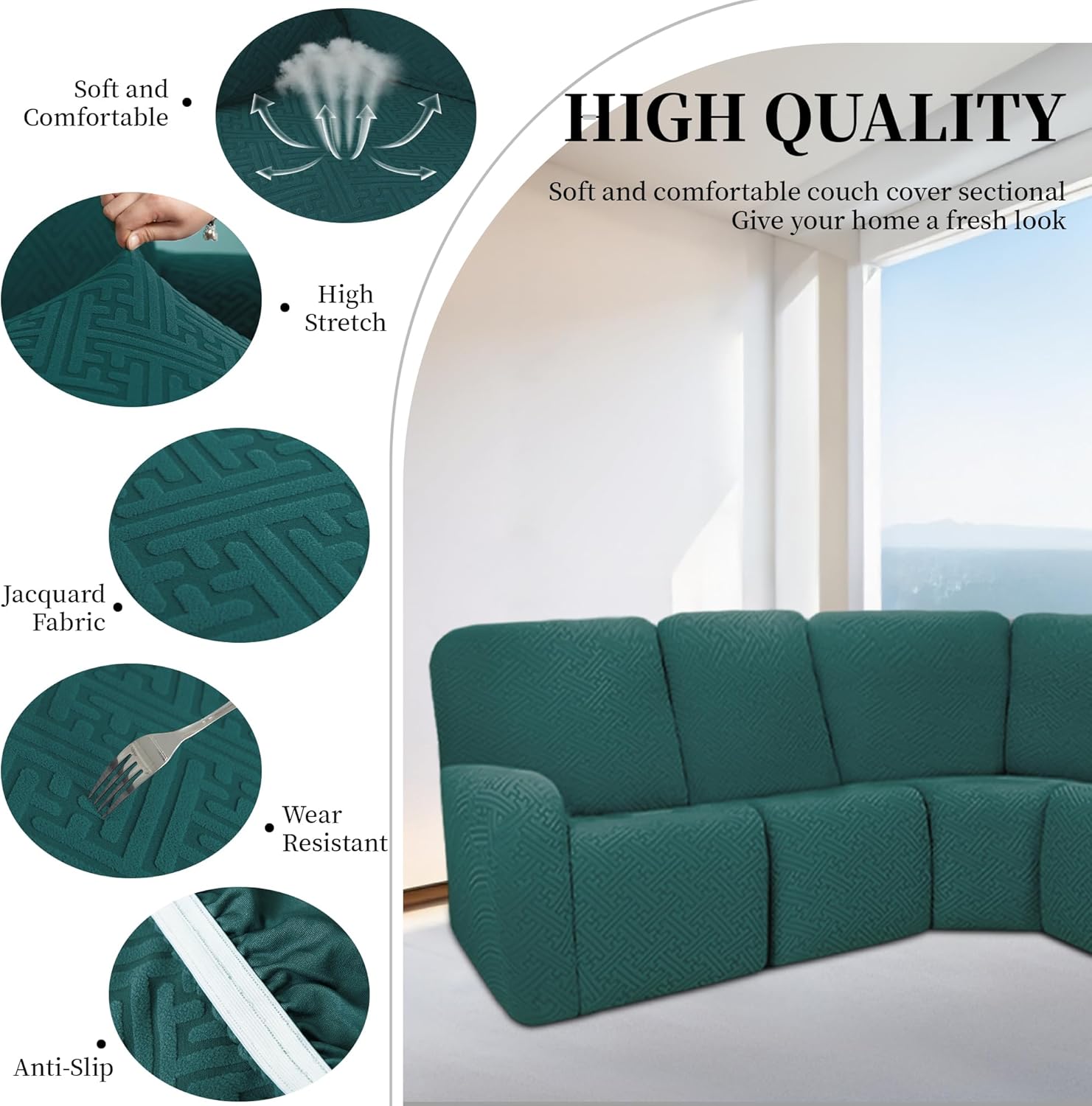 100% Waterproof Sectional Recliner Couch Covers for Reclining Couch L Shaped Corner Sectional Sofa Cover Jacquard Stretch L Shape Recliner Slipcovers (5 Seater Cover, Peacock Blue)