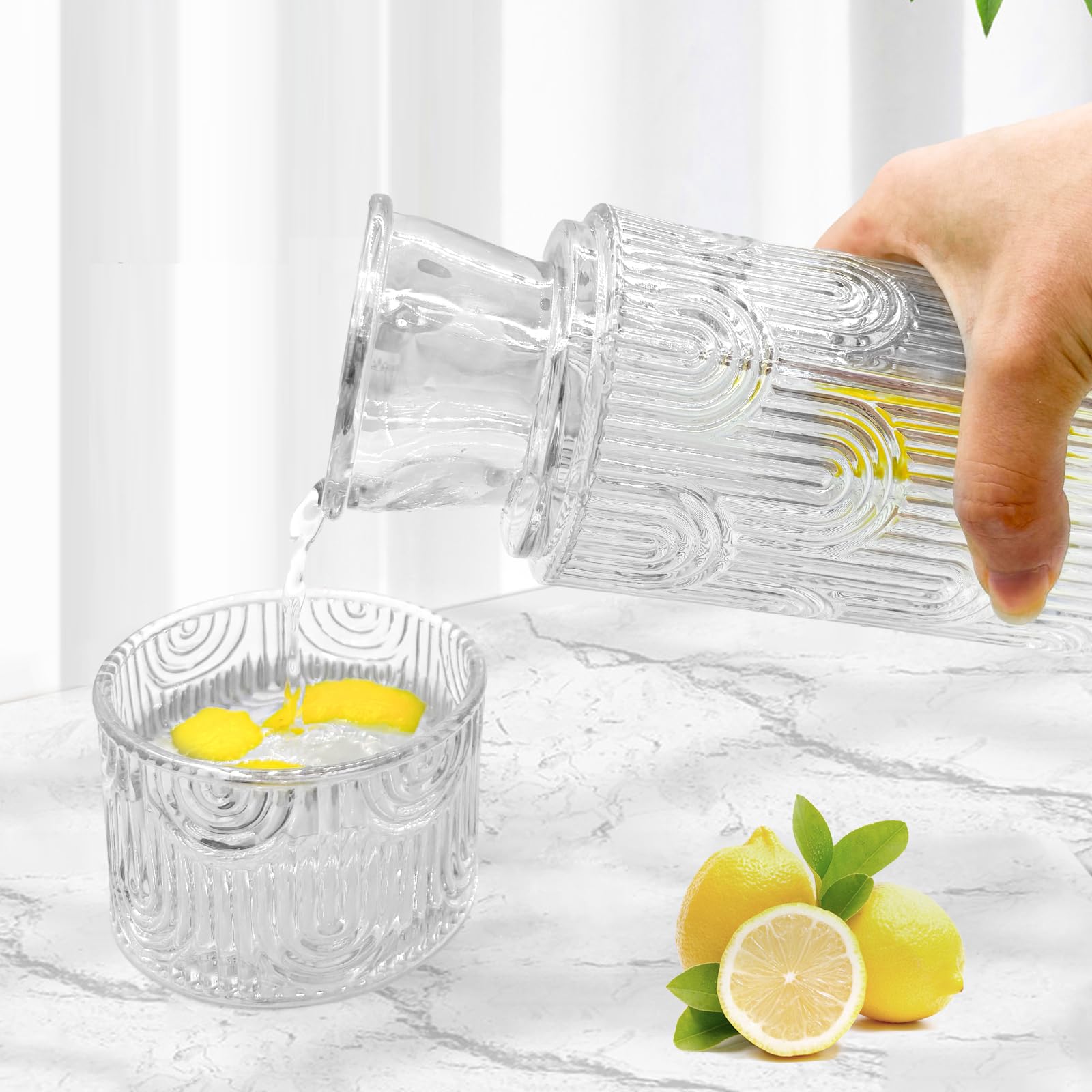 Bedside Water Carafe and Glass Set, 21.6 OZ Glass Pitcher with 6 OZ Drinking Cup as Lid, Nightstand Kitchen Water Bottle(Clear)